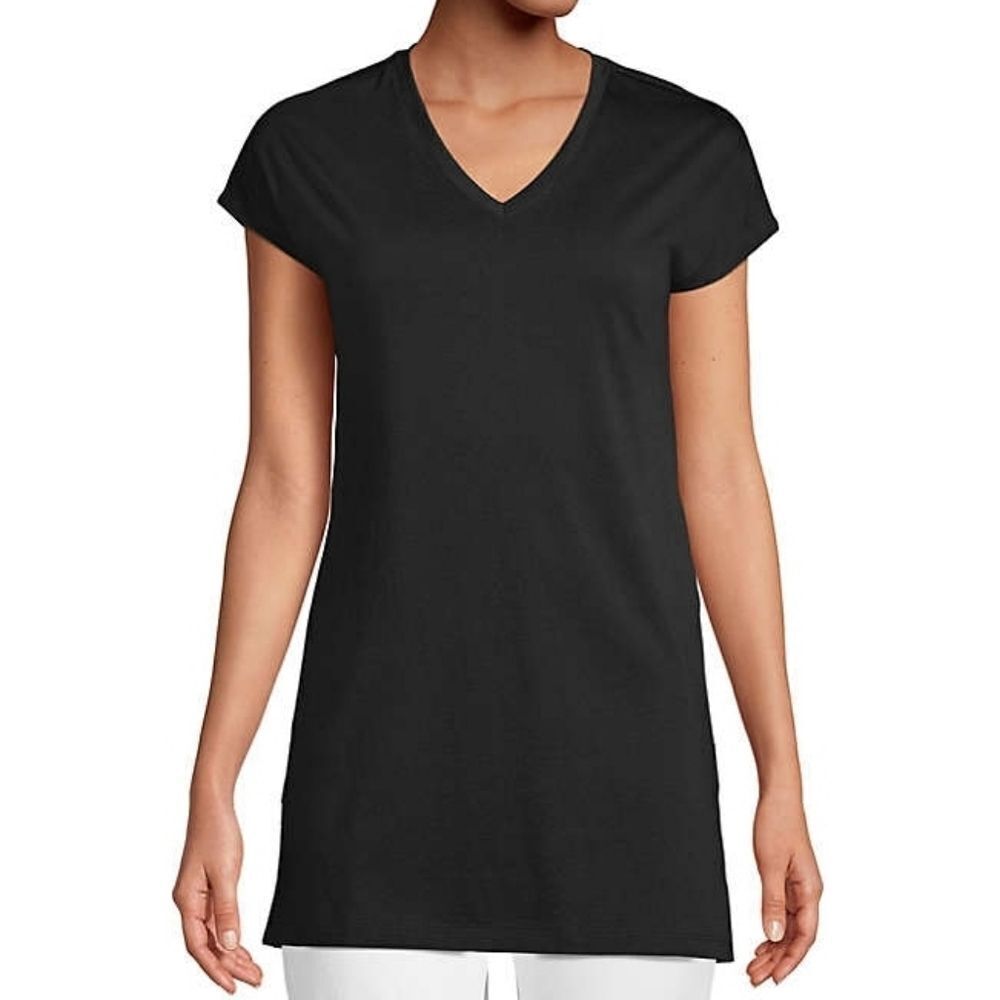 Lands' End Black Supima Cotton Extra-Long Cap Sleeve V-Neck Tunic Top